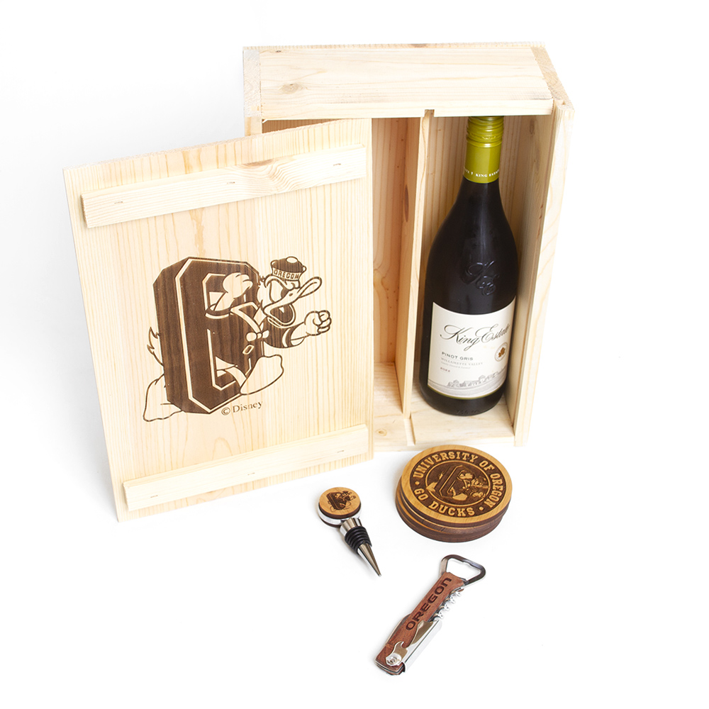 Wooden Timeless Etching Four Piece Round Coaster & Wine Key & Bottle Stop w DTO Wine Box